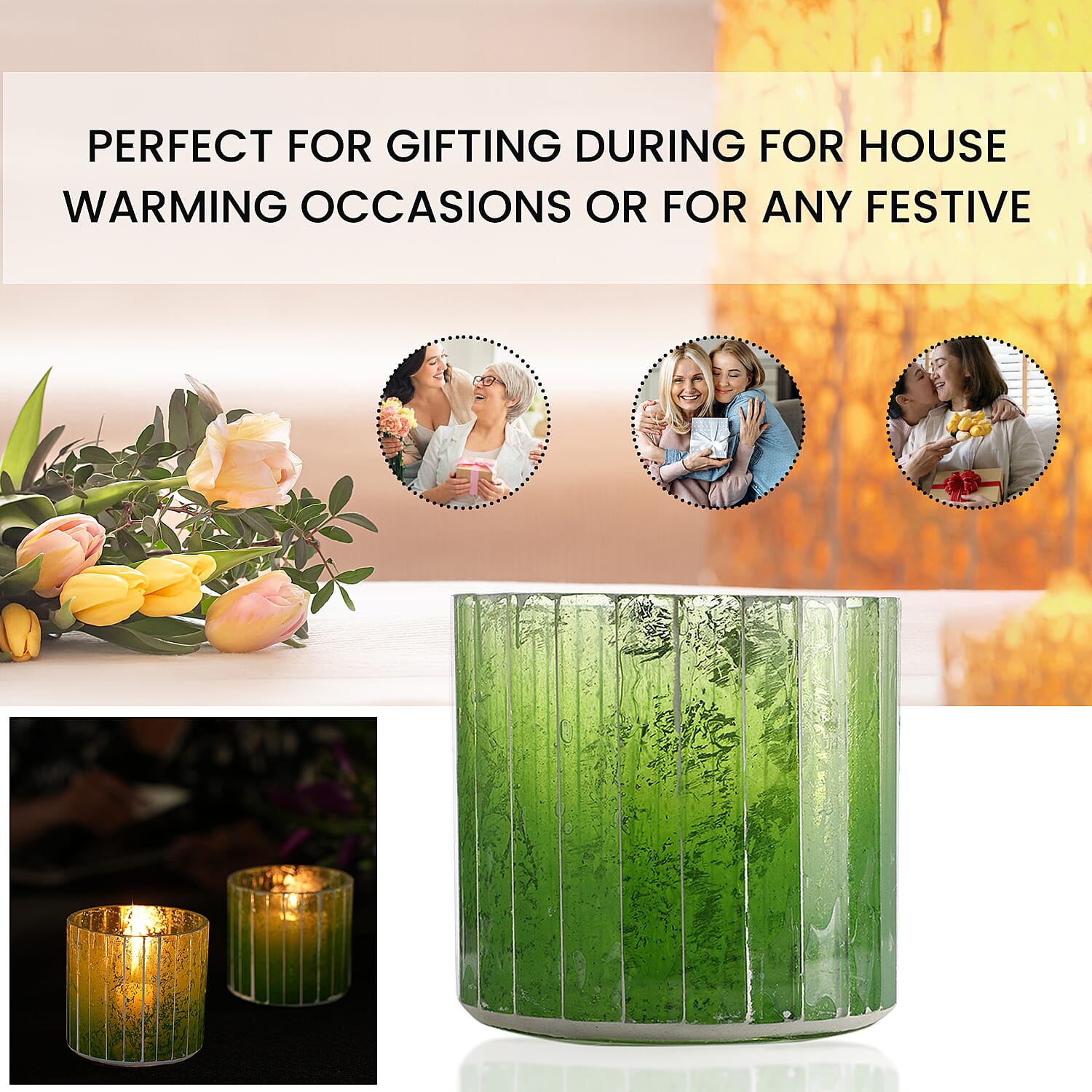 Set of 2 - Glass Candle Votives (Size 7cm) - Green