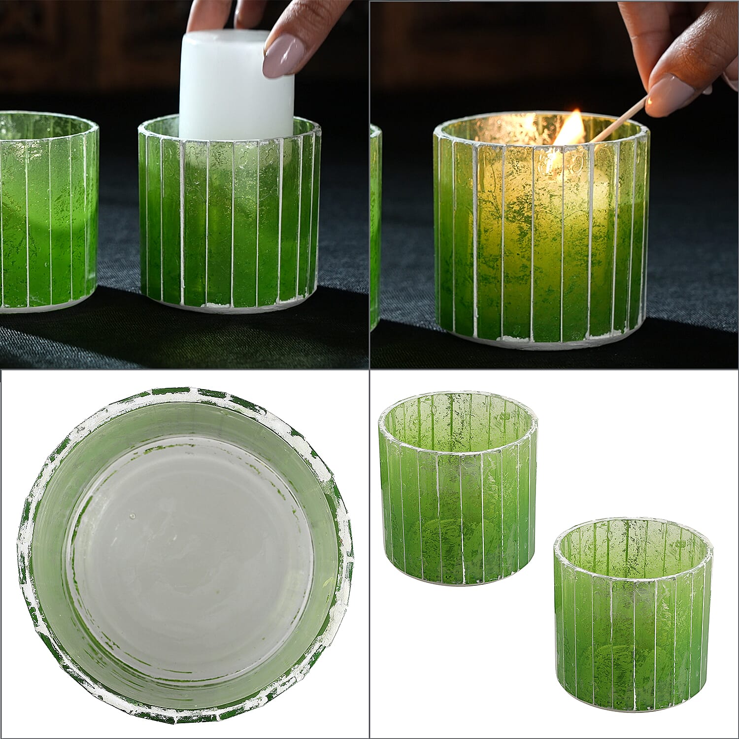 Set of 2 - Glass Candle Votives (Size 7cm) - Green