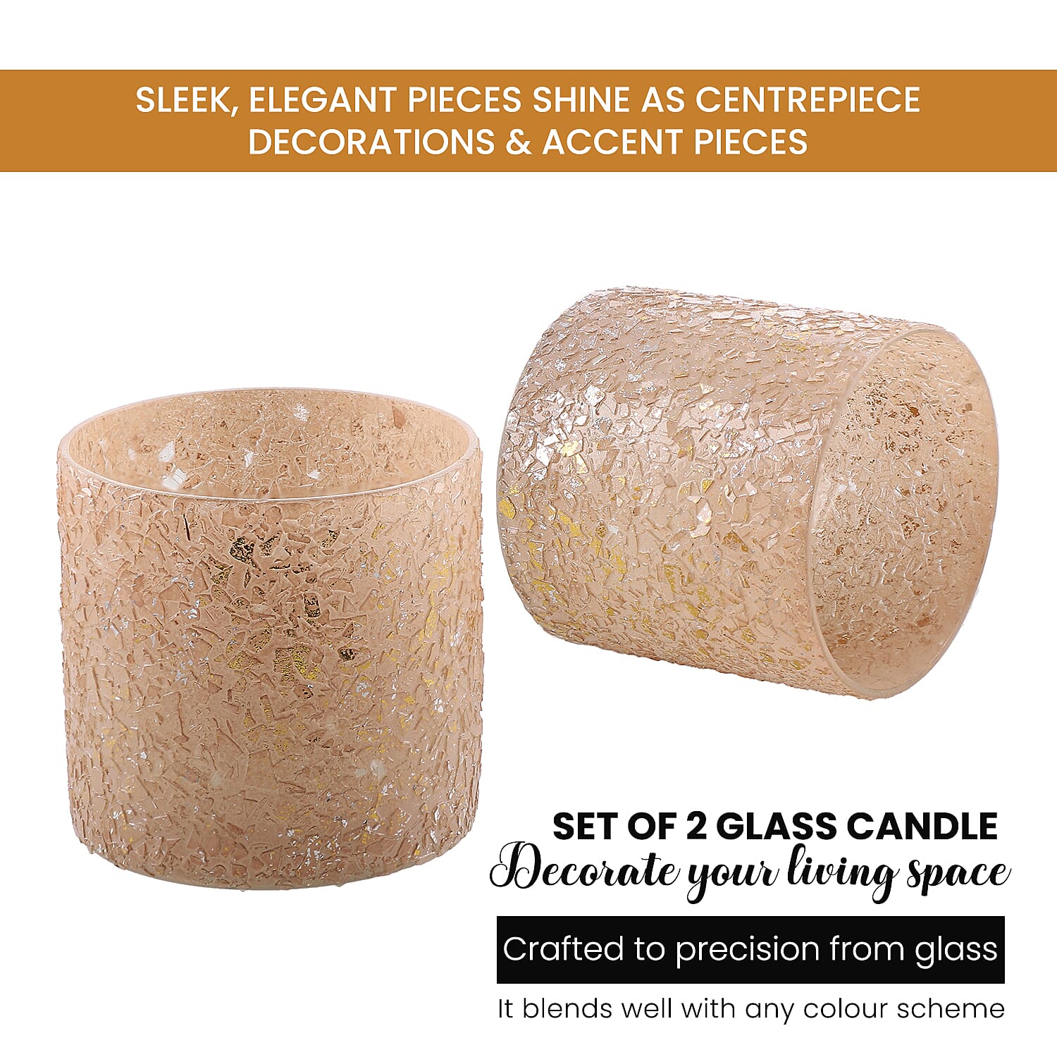 Set of 2 - Glass Candle Holder (Size 7cm) - Peach