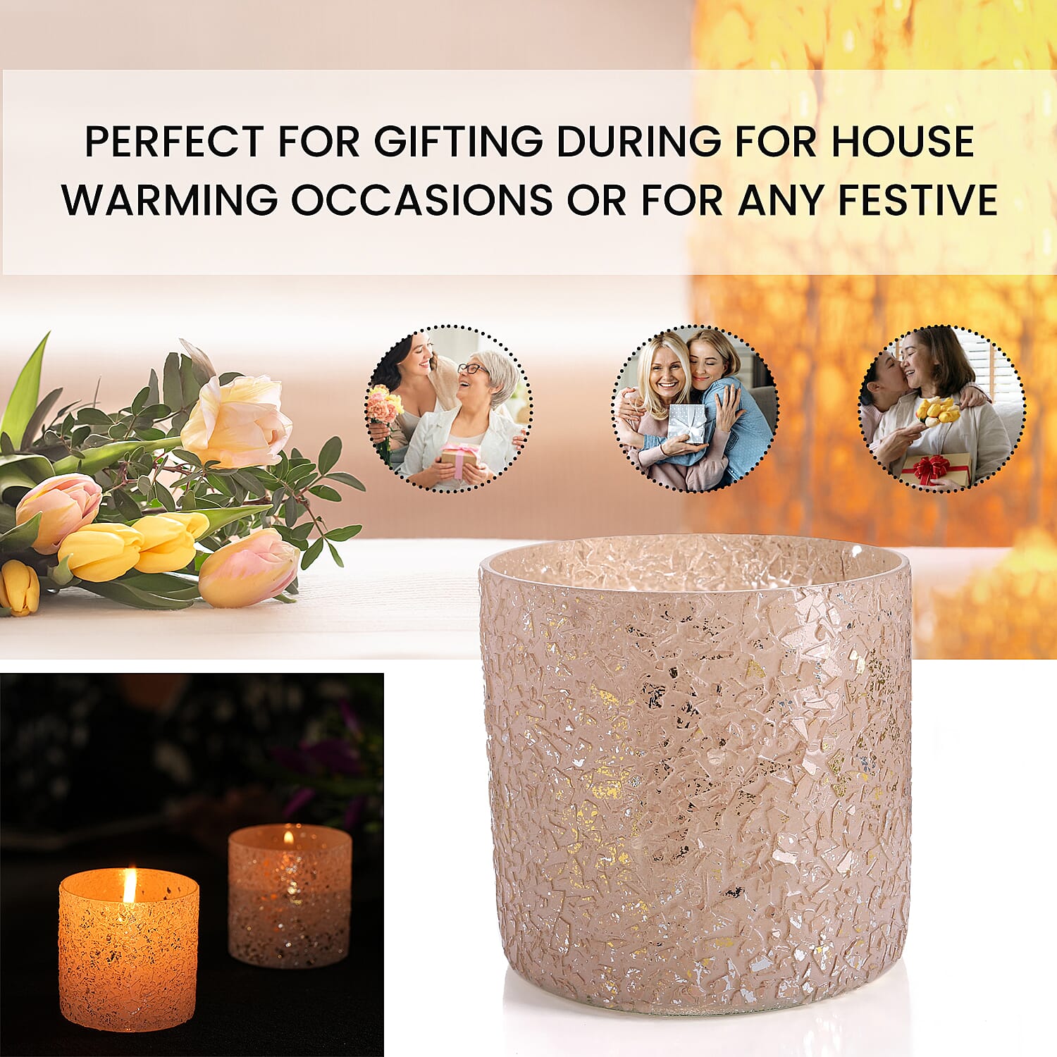 Set of 2 - Glass Candle Holder (Size 7cm) - Peach