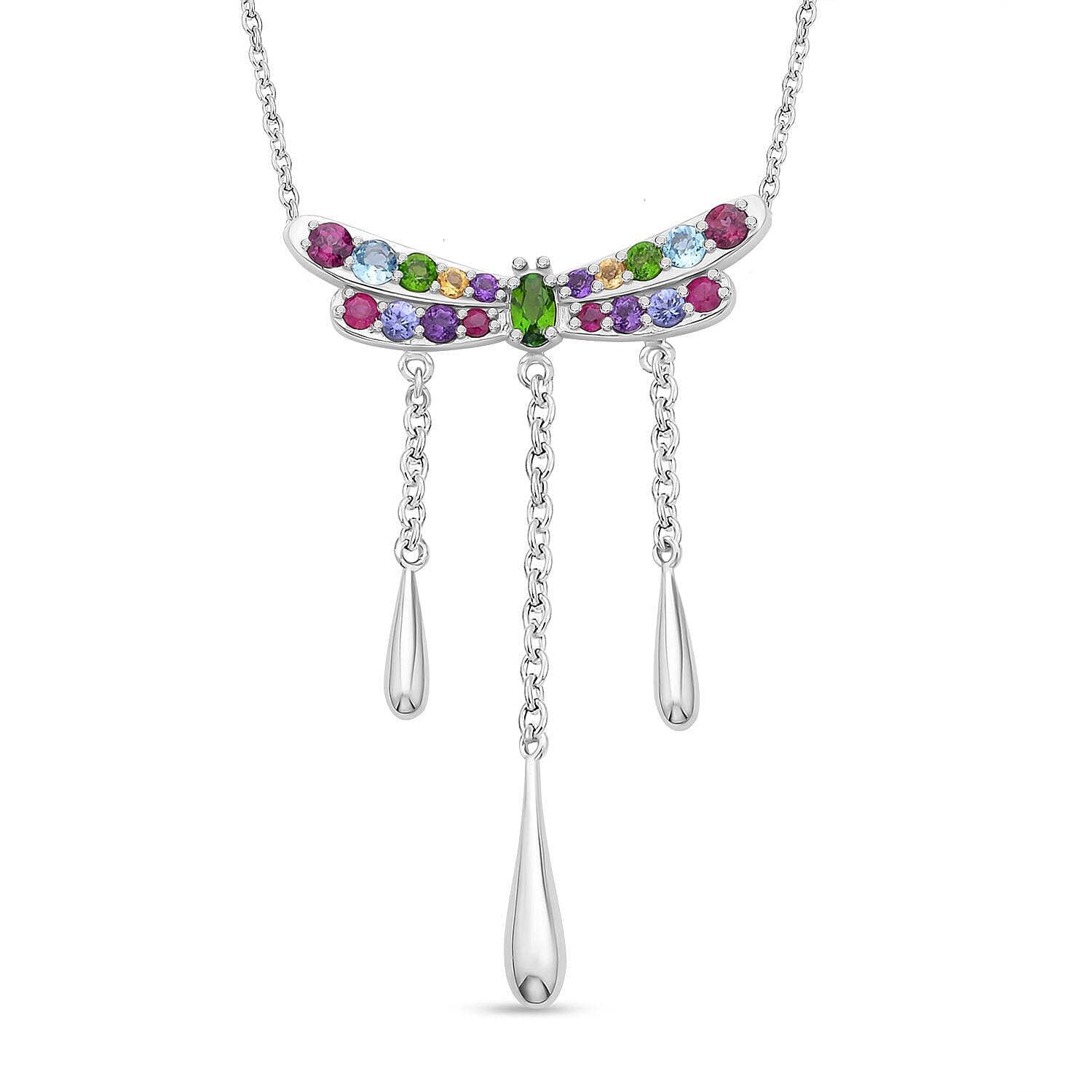 LucyQ Dragonfly Collection - Swiss Blue Topaz and Multi Gemstone Necklace (Size - 16-18-20) in Rhodium Overlay Sterling Silver 1.90 Ct.