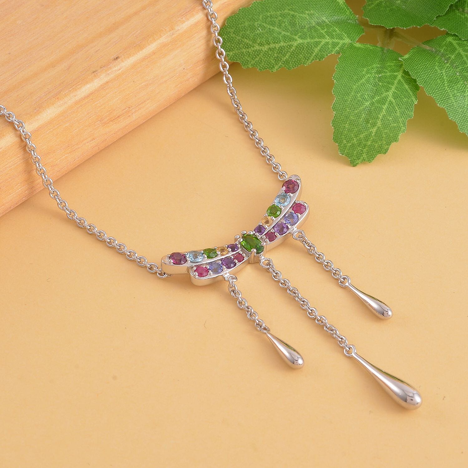 LucyQ Dragonfly Collection - Swiss Blue Topaz and Multi Gemstone Necklace (Size - 16-18-20) in Rhodium Overlay Sterling Silver 1.90 Ct.