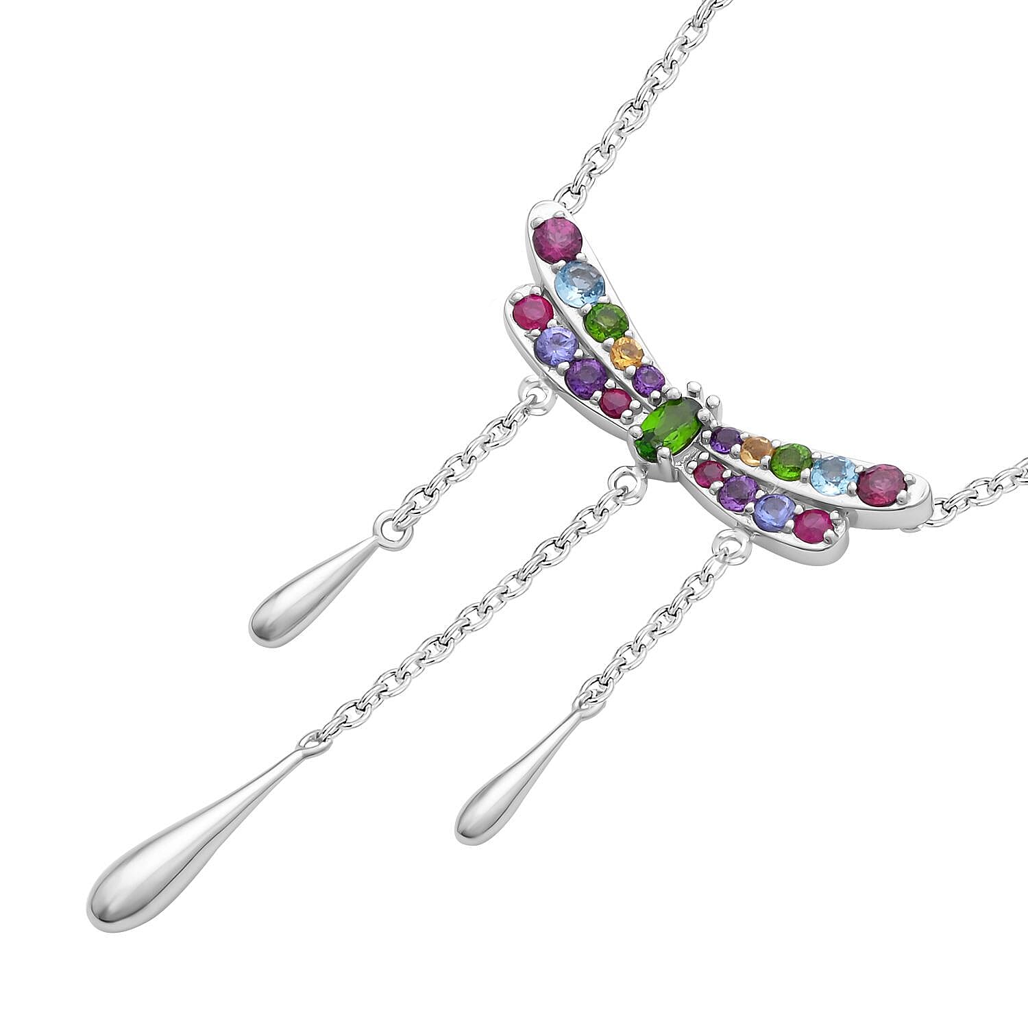 LucyQ Dragonfly Collection - Swiss Blue Topaz and Multi Gemstone Necklace (Size - 16-18-20) in Rhodium Overlay Sterling Silver 1.90 Ct.