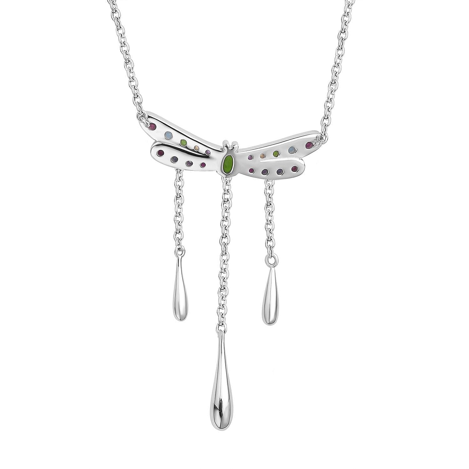 LucyQ Dragonfly Collection - Swiss Blue Topaz and Multi Gemstone Necklace (Size - 16-18-20) in Rhodium Overlay Sterling Silver 1.90 Ct.