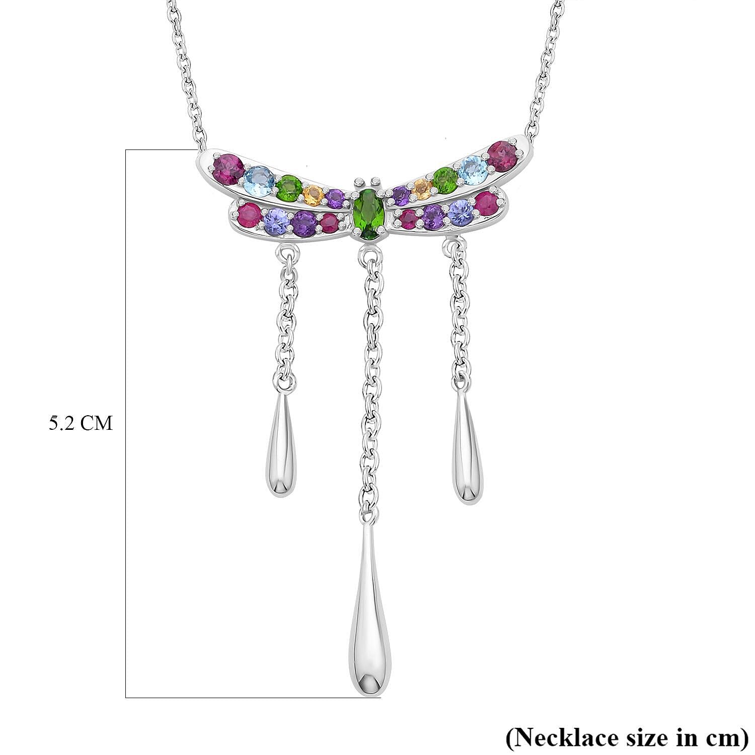 LucyQ Dragonfly Collection - Swiss Blue Topaz and Multi Gemstone Necklace (Size - 16-18-20) in Rhodium Overlay Sterling Silver 1.90 Ct.