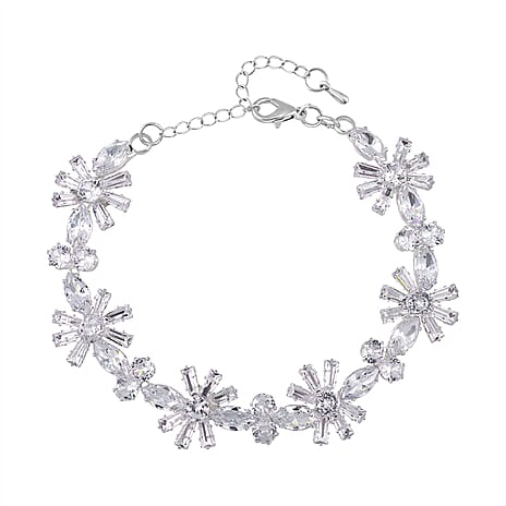Cubic Zirconia Floral Bracelet (Size - 7.5-3 Ext) in Silver Tone