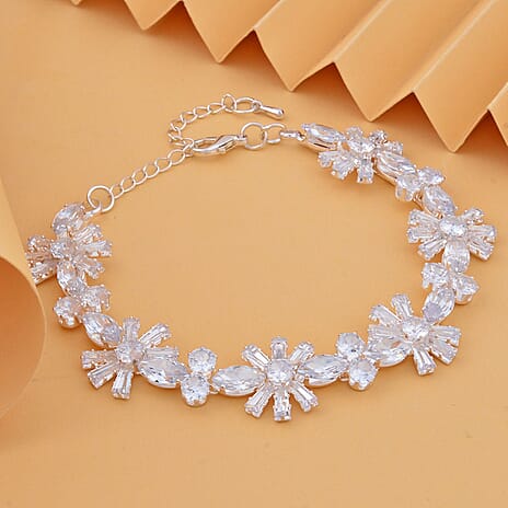 Cubic Zirconia Floral Bracelet (Size - 7.5-3 Ext) in Silver Tone
