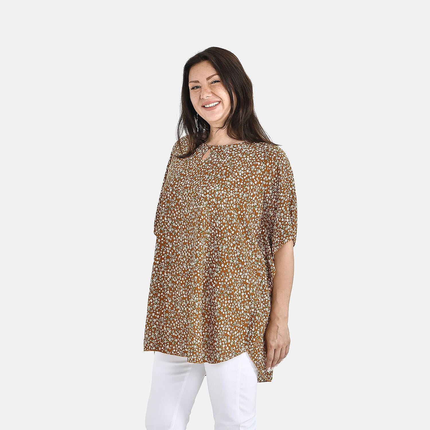 Tamsy 100% Viscose Floral Pattern Top (One Size, 8-18) - Sunset Yellow