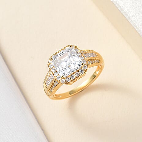 Moissanite Halo Ring in 18K Vermeil Yellow Gold Plated Sterling Silver 4.97 Ct.