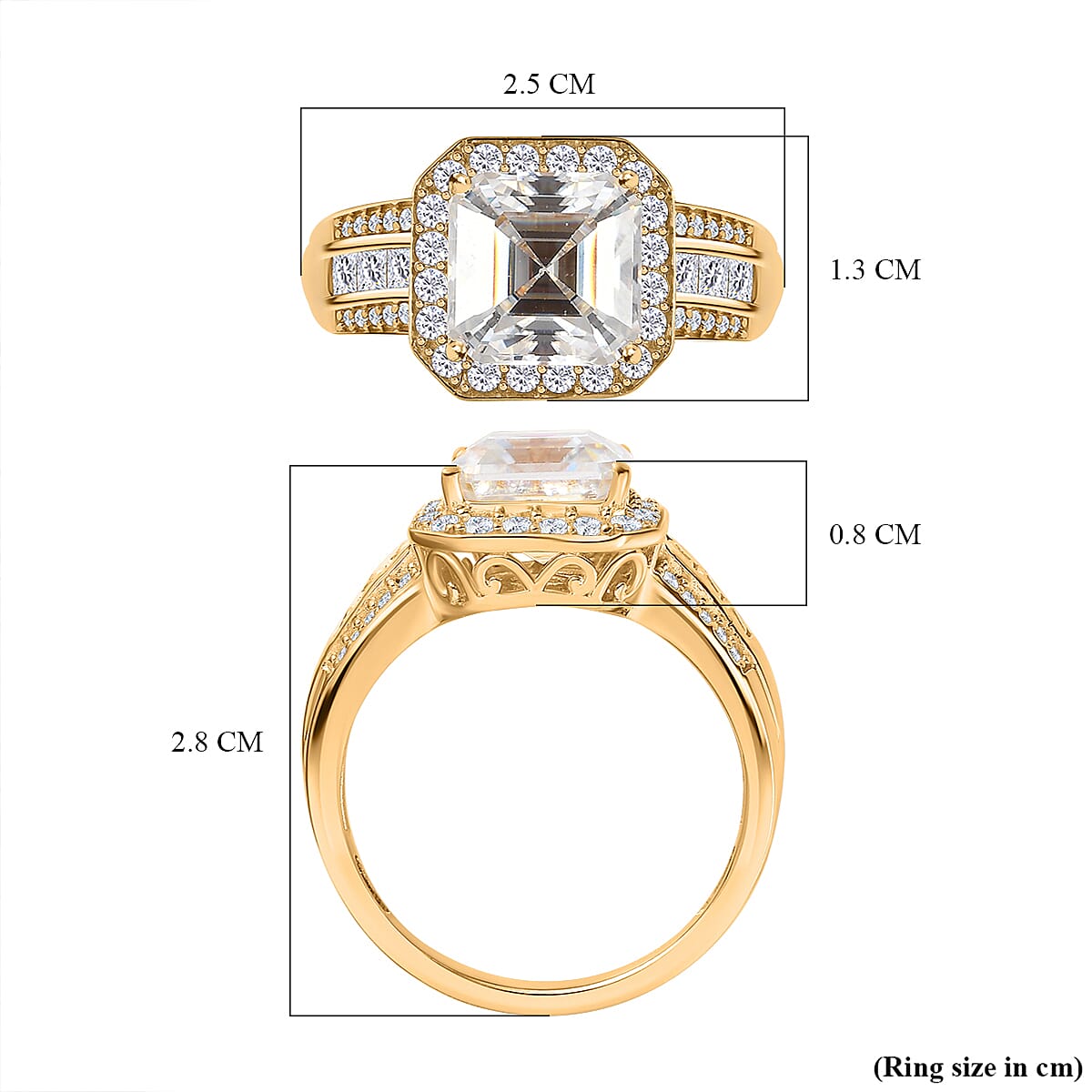 Moissanite Halo Ring in 18K Vermeil Yellow Gold Plated Sterling Silver 4.97 Ct. Moissanite Halo Ring in 18K Vermeil Yellow Gold Plated Sterling Silver 4.97 Ct.