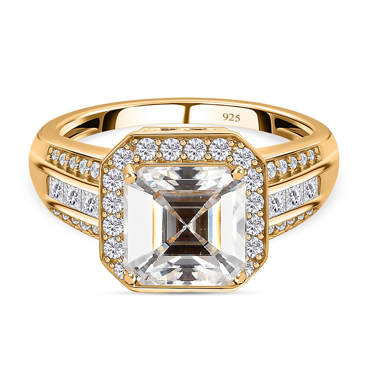 Moissanite Halo Ring in 18K Vermeil Yellow Gold Plated Sterling Silver 4.97 Ct. Moissanite Halo Ring in 18K Vermeil Yellow Gold Plated Sterling Silver 4.97 Ct.