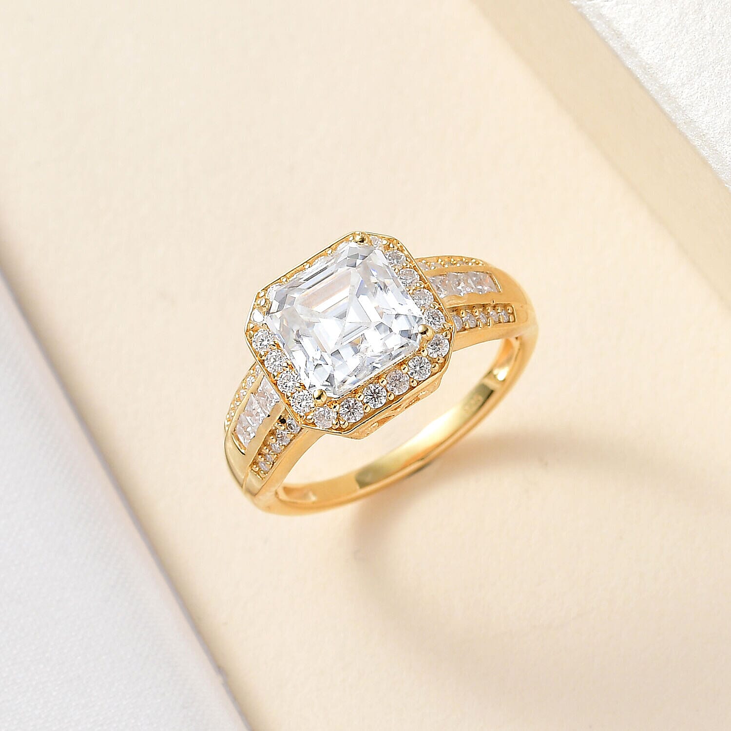 Moissanite Halo Ring in 18K Vermeil Yellow Gold Plated Sterling Silver 4.97 Ct. Moissanite Halo Ring in 18K Vermeil Yellow Gold Plated Sterling Silver 4.97 Ct.