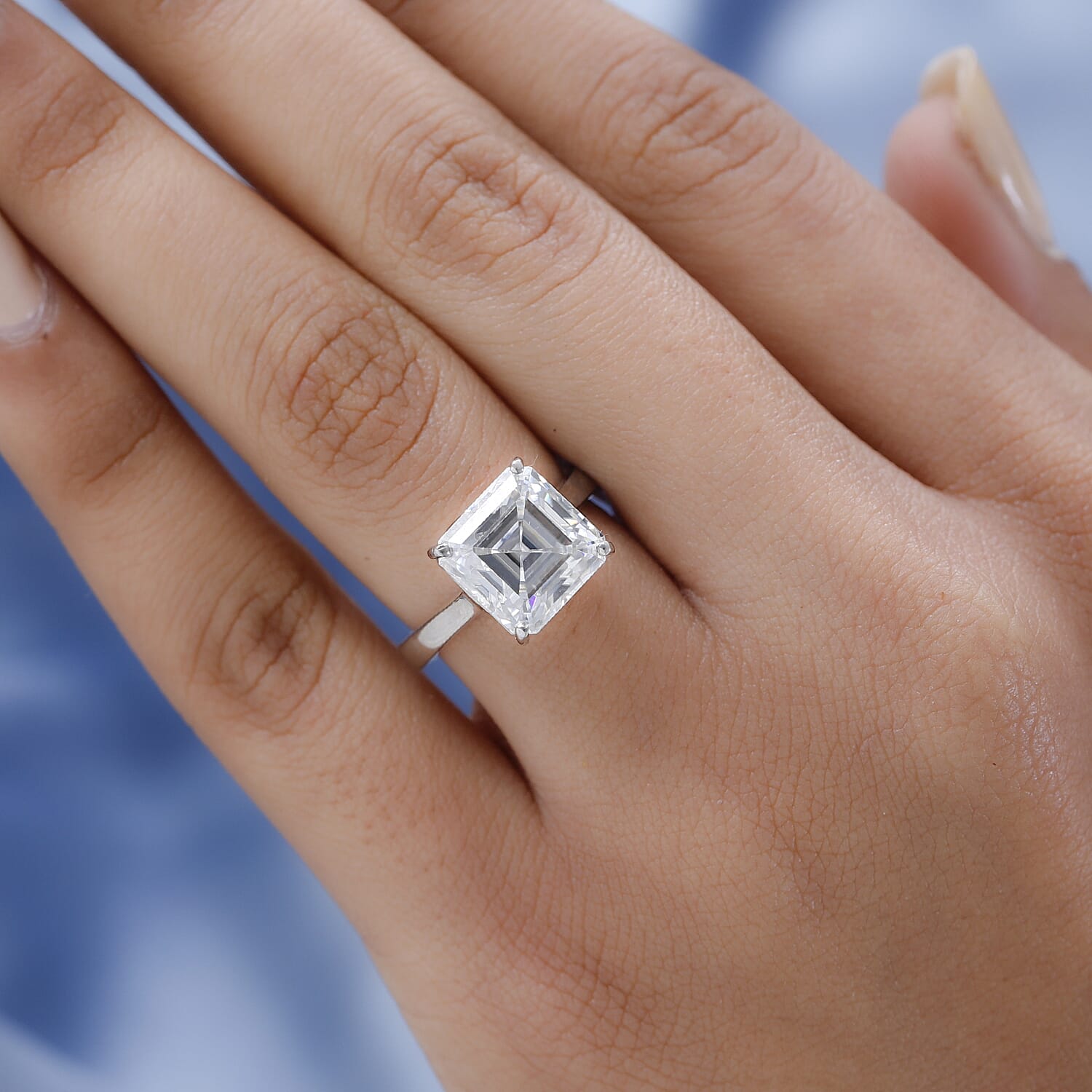 Moissanite (Asscher Cut) Solitaire Ring in Platinum Overlay Sterling Silver 5.40 Ct.