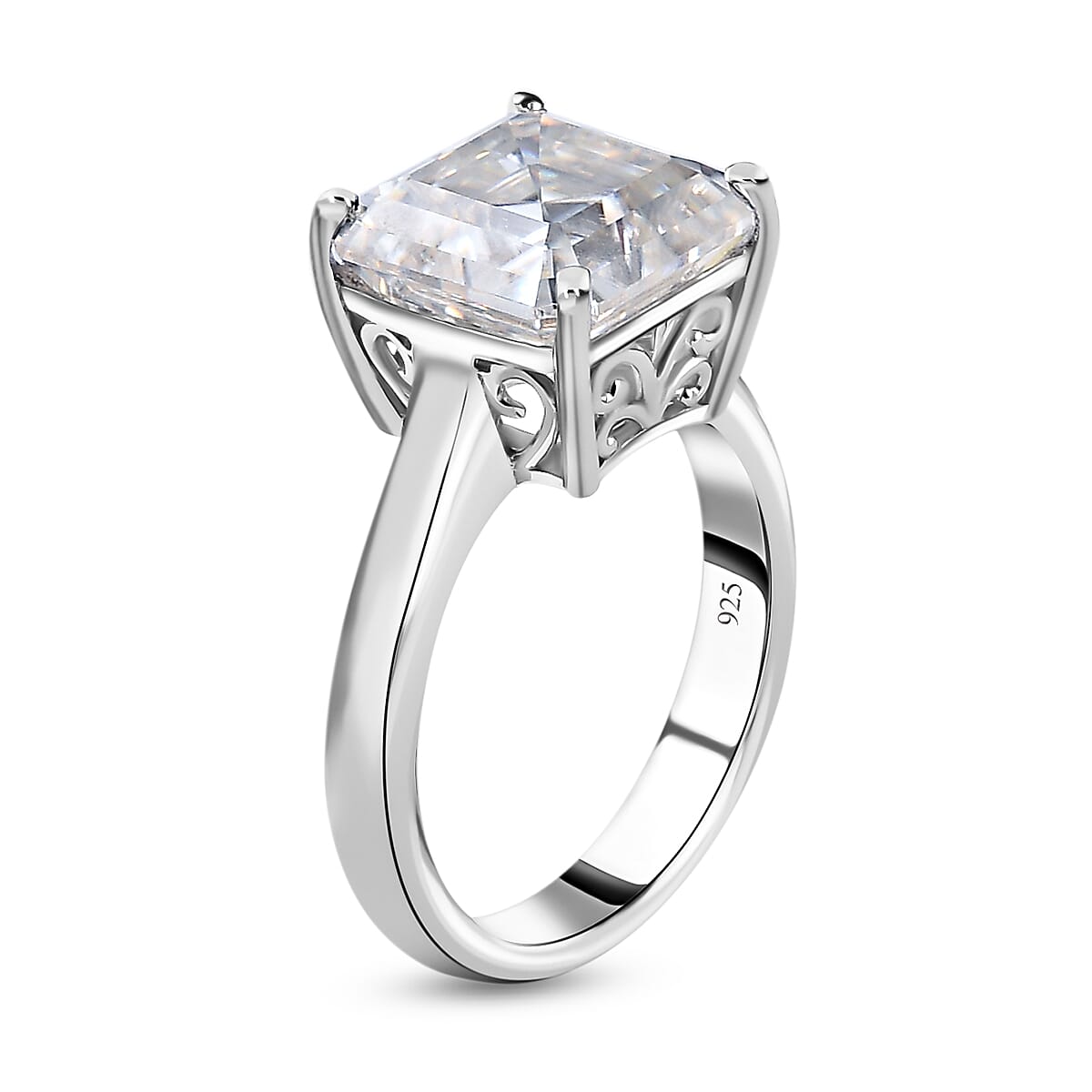 Moissanite (Asscher Cut) Solitaire Ring in Platinum Overlay Sterling Silver 5.40 Ct.