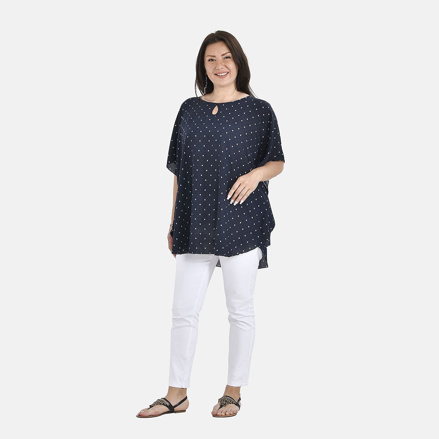 Tamsy 100% Viscose Polka Dots Print Top (One Size 8-18) - Navy