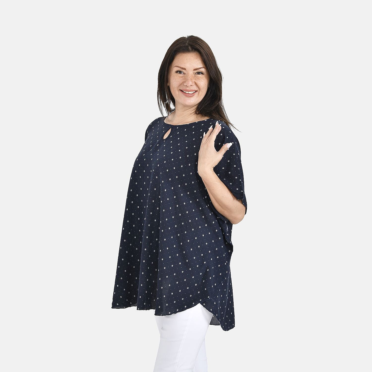 Tamsy 100% Viscose Polka Dots Print Top (One Size 8-18) - Navy