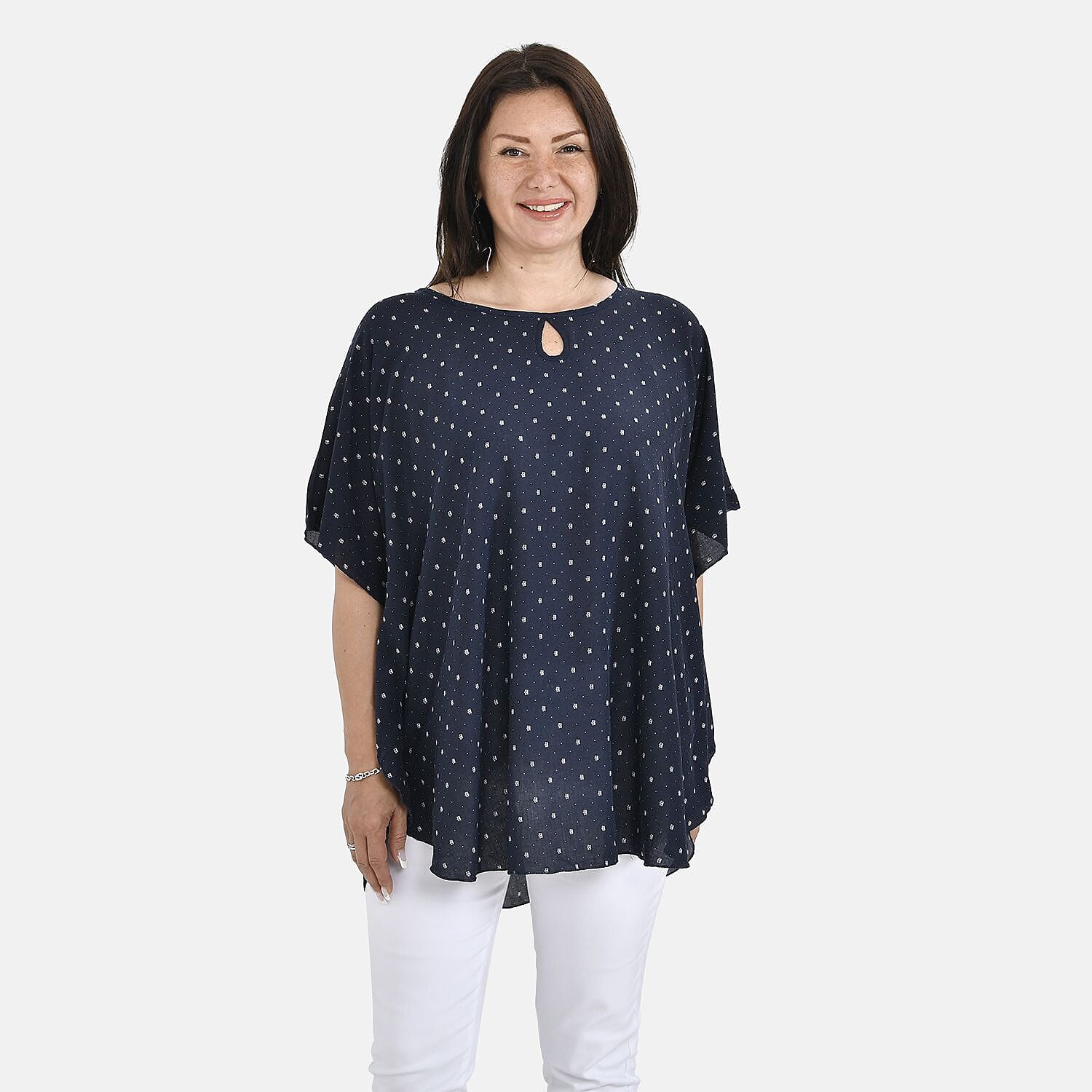 Tamsy 100% Viscose Polka Dots Print Top (One Size 8-18) - Navy