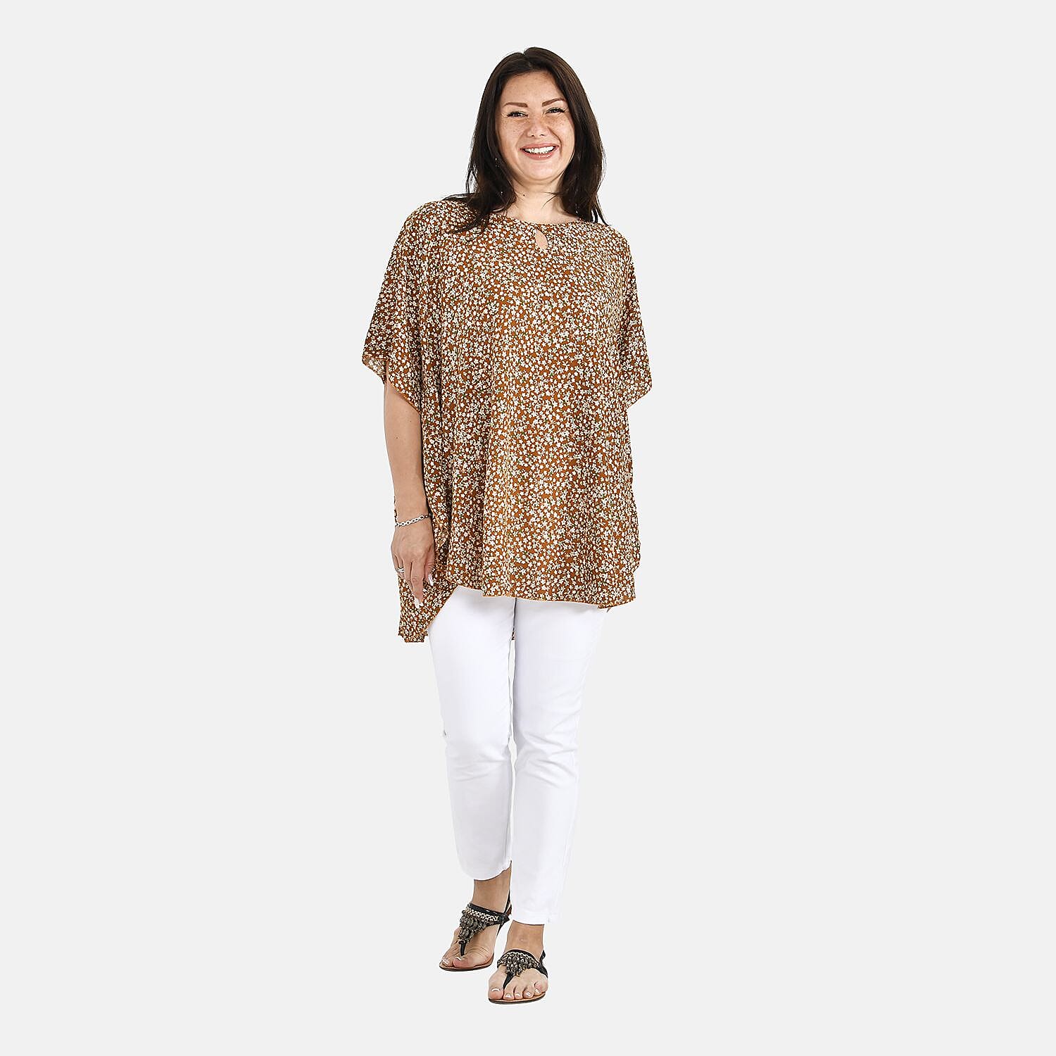 Tamsy 100% Viscose Floral Pattern Top (Curve Size, 18-24) - Sunset Yellow