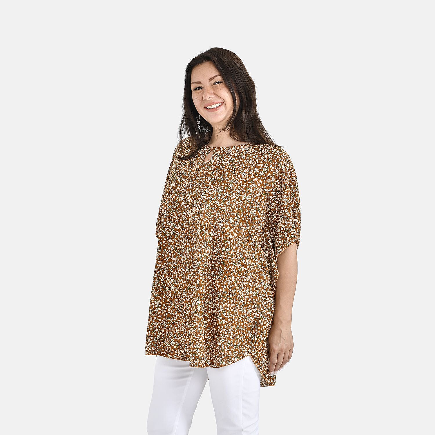 Tamsy 100% Viscose Floral Pattern Top (Curve Size, 18-24) - Sunset Yellow