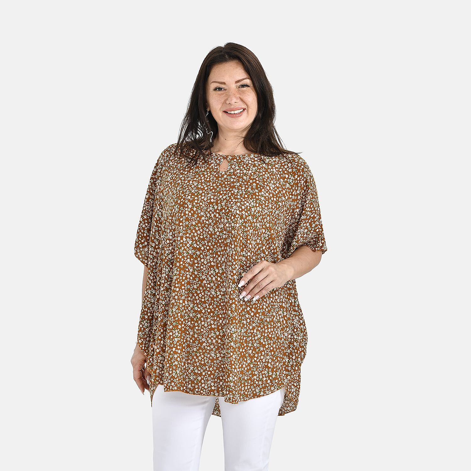 Tamsy 100% Viscose Floral Pattern Top (Curve Size, 18-24) - Sunset Yellow