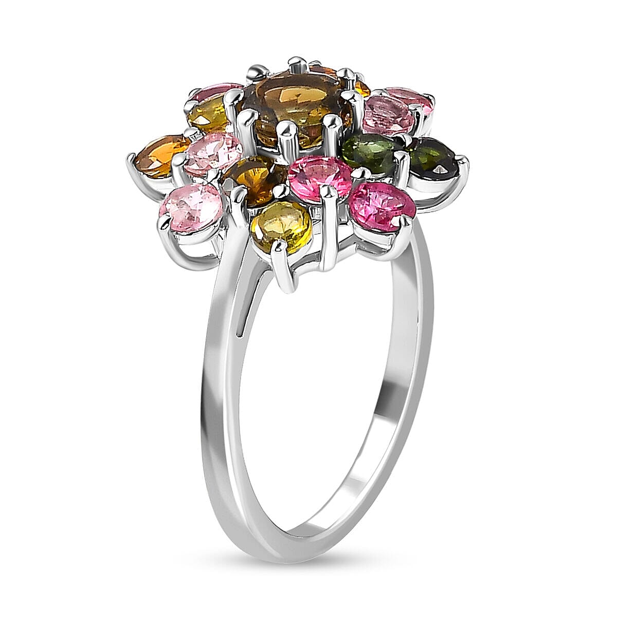 Multi-Tourmaline Cluster Ring in Platinum Overlay Sterling Silver 2.364 ...