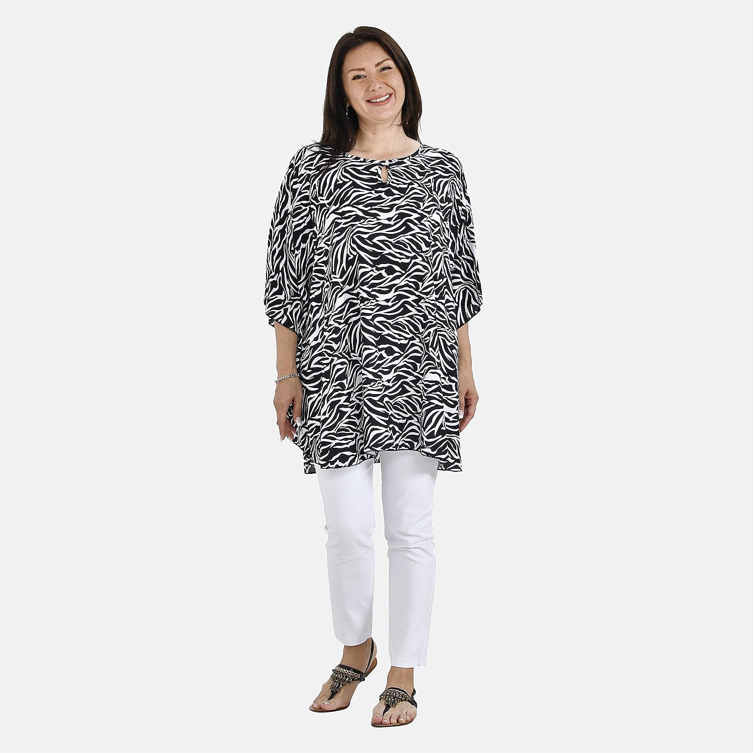 Tamsy 100% Viscose Abstract Print Top (One Size, 8-16) - Black & White