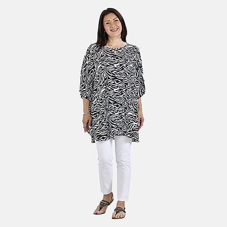 Tamsy 100% Viscose Abstract Print Top (One Size, 8-16) - Black - White