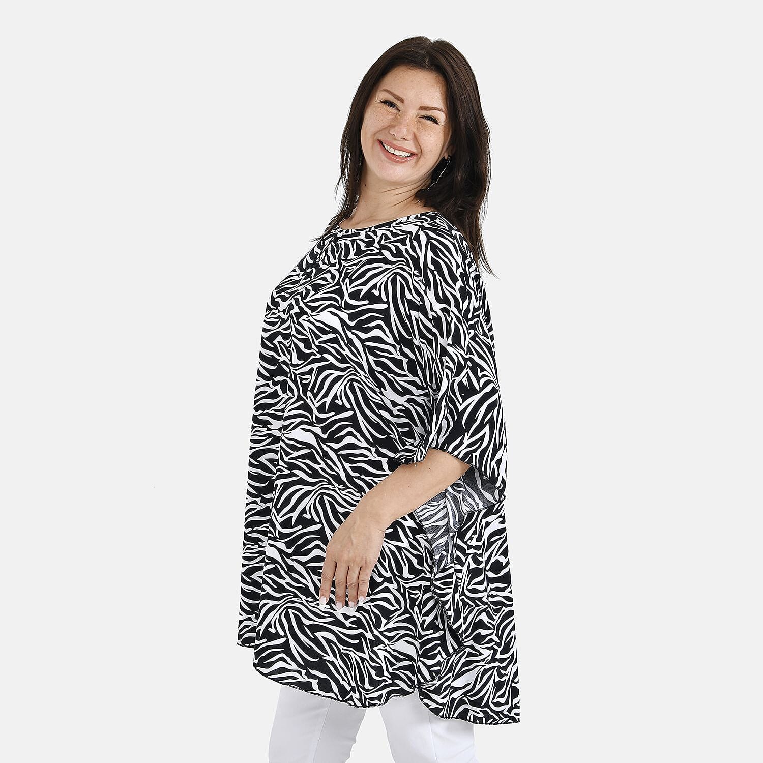 Tamsy 100% Viscose Abstract Print Top (One Size, 8-16) - Black & White