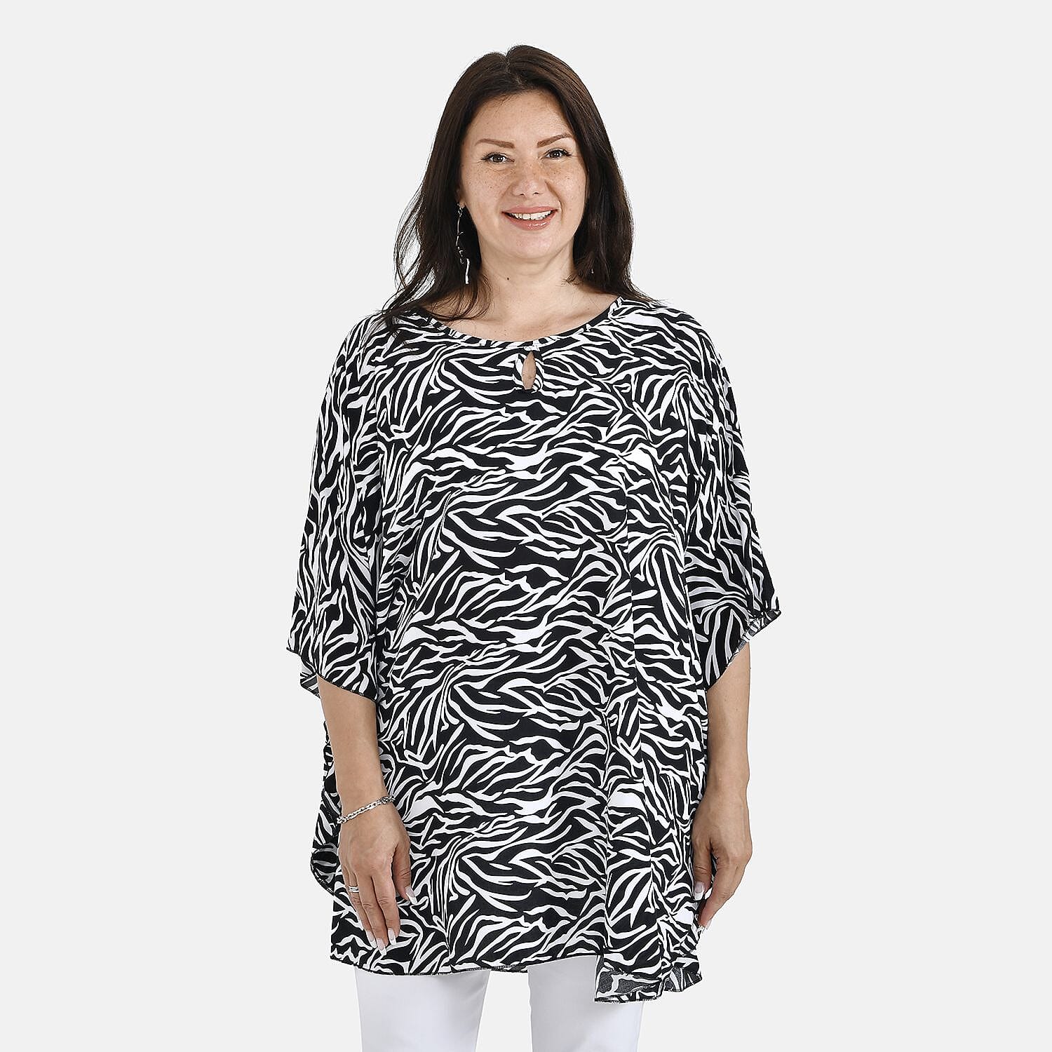 Tamsy 100% Viscose Abstract Print Top (One Size, 8-16) - Black & White