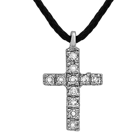 9K White Gold Diamond Cross Pendant on Adjustable Black Cord Necklace 16 Inch