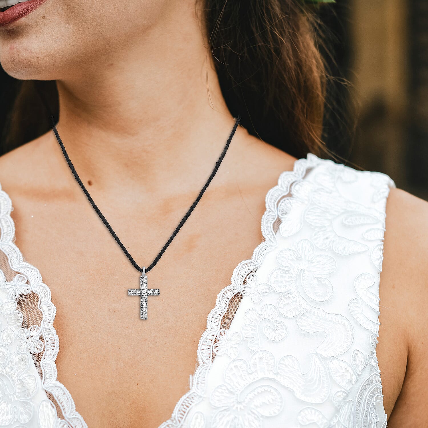 9K White Gold Diamond Cross Necklace (Size - 16) 0.05 Ct