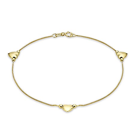 9K Yellow Gold 3 Heart Charm Box Chain Bracelet 7 Inch