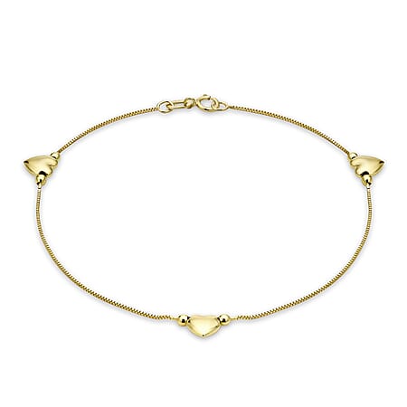 9K Yellow Gold 3 Heart Charm Box Chain Anklet 10.5 Inch