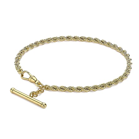 9K Yellow Gold 25.5mm x 3mm T Bar Rope Chain Albert Clasp Bracelet 7.5 Inch