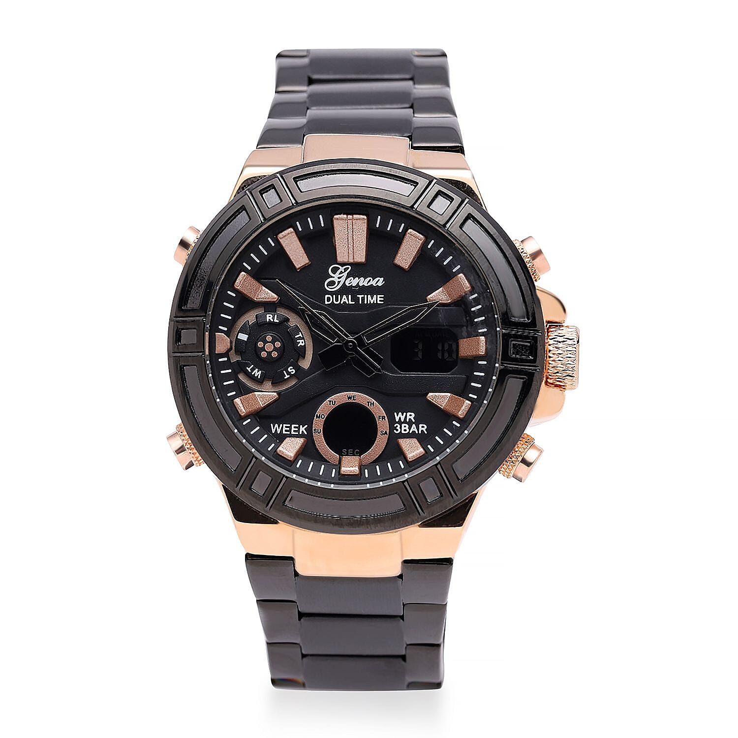 Case allloy case Multifunctional key Movement AL35/Japan Movement electronic Movement Brand GENOA Plated PNP rose gold black plating Dial black multifunctional literal LED rose gold scale