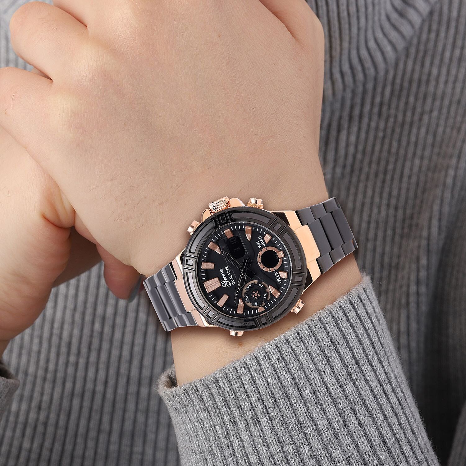 Case allloy case Multifunctional key Movement AL35/Japan Movement electronic Movement Brand GENOA Plated PNP rose gold black plating Dial black multifunctional literal LED rose gold scale