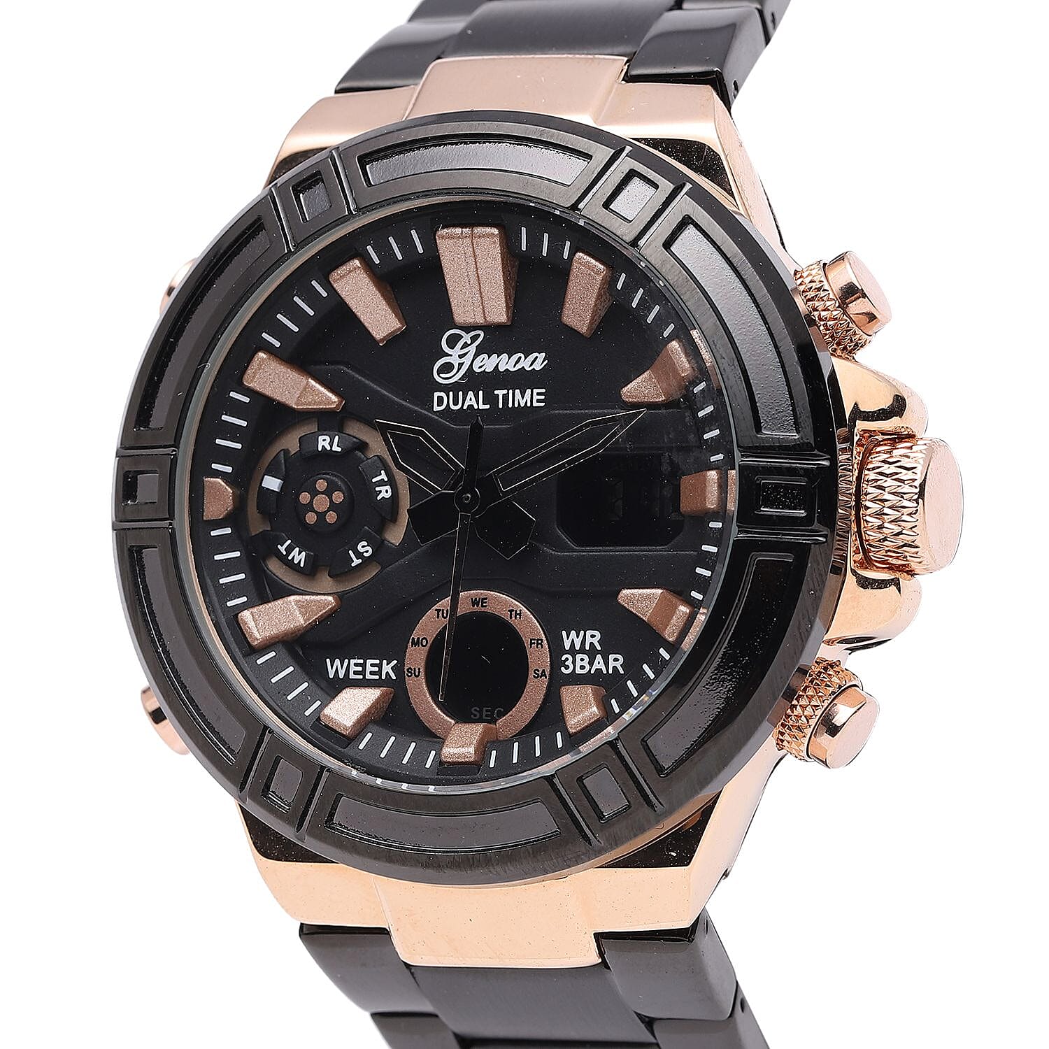 Case allloy case Multifunctional key Movement AL35/Japan Movement electronic Movement Brand GENOA Plated PNP rose gold black plating Dial black multifunctional literal LED rose gold scale