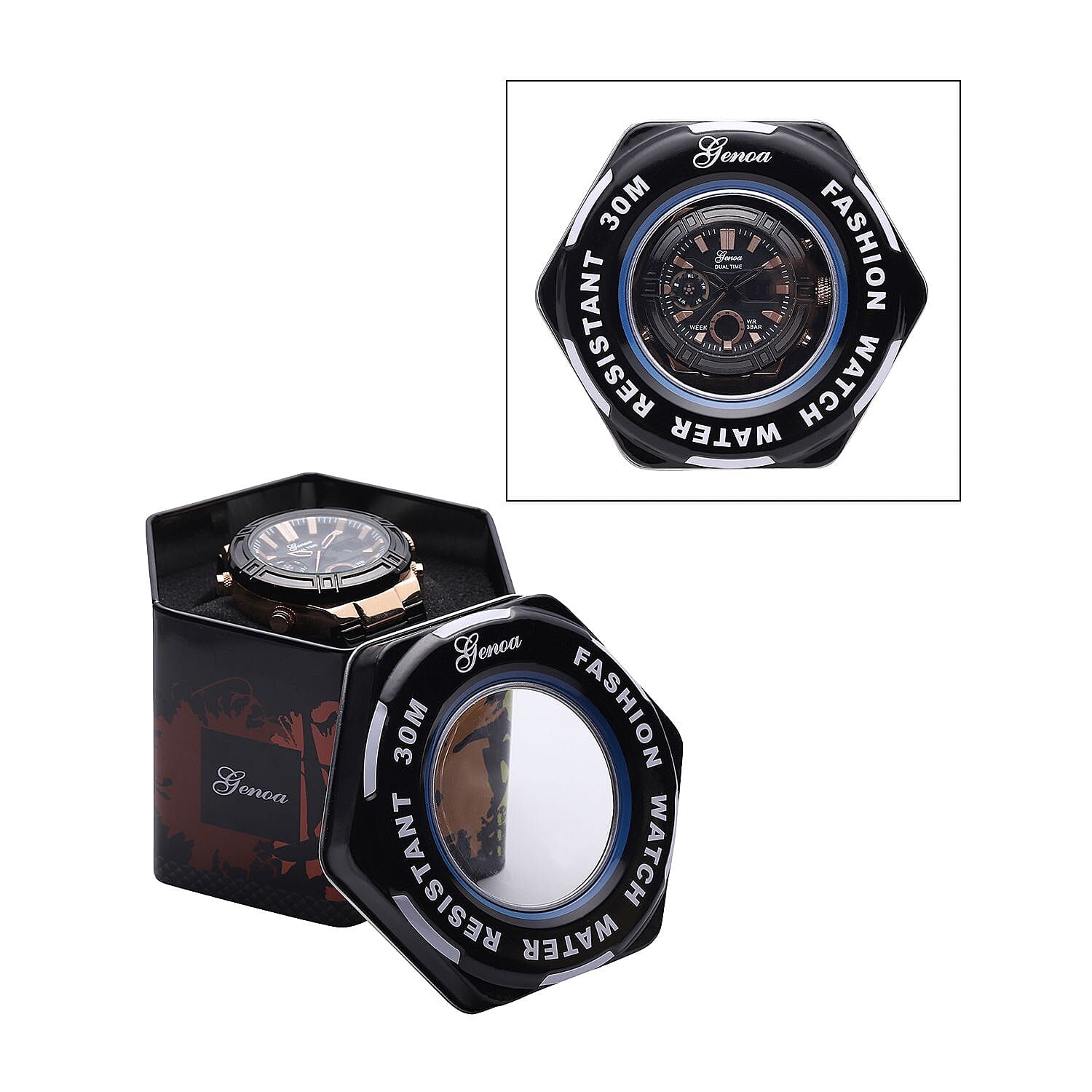 Case allloy case Multifunctional key Movement AL35/Japan Movement electronic Movement Brand GENOA Plated PNP rose gold black plating Dial black multifunctional literal LED rose gold scale