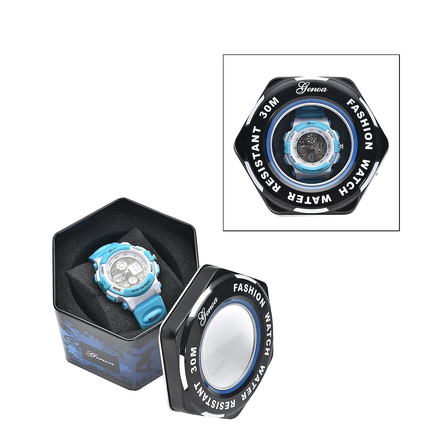 GENOA Japan Movement and Electronic Movement Black Dial 5ATM Water Resistant Watch with Blue Colour Strap