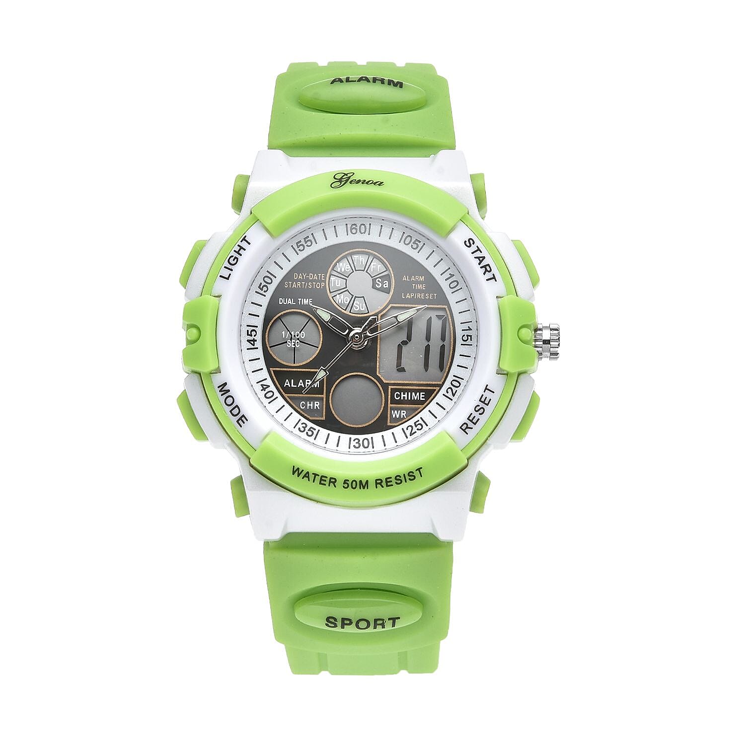 GENOA Japanese Movement and Electronic Movement Black Dial 5 ATM Water Resistant Watch with Green Colour Strap