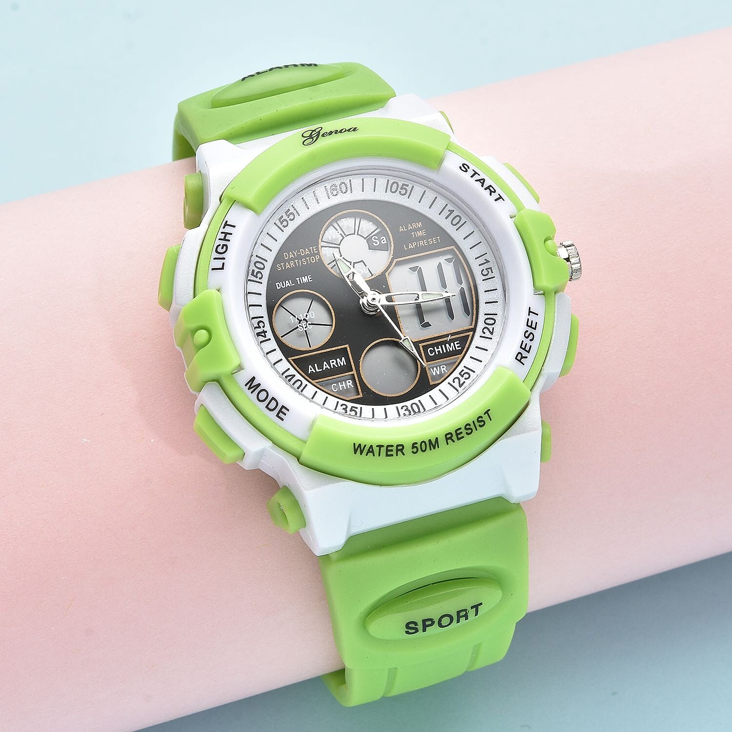 GENOA Japanese Movement and Electronic Movement Black Dial 5 ATM Water Resistant Watch with Green Colour Strap