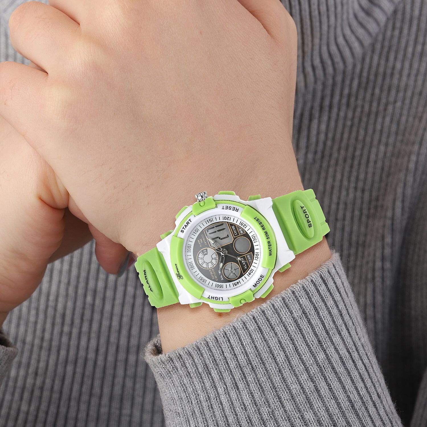 GENOA Japanese Movement and Electronic Movement Black Dial 5 ATM Water Resistant Watch with Green Colour Strap