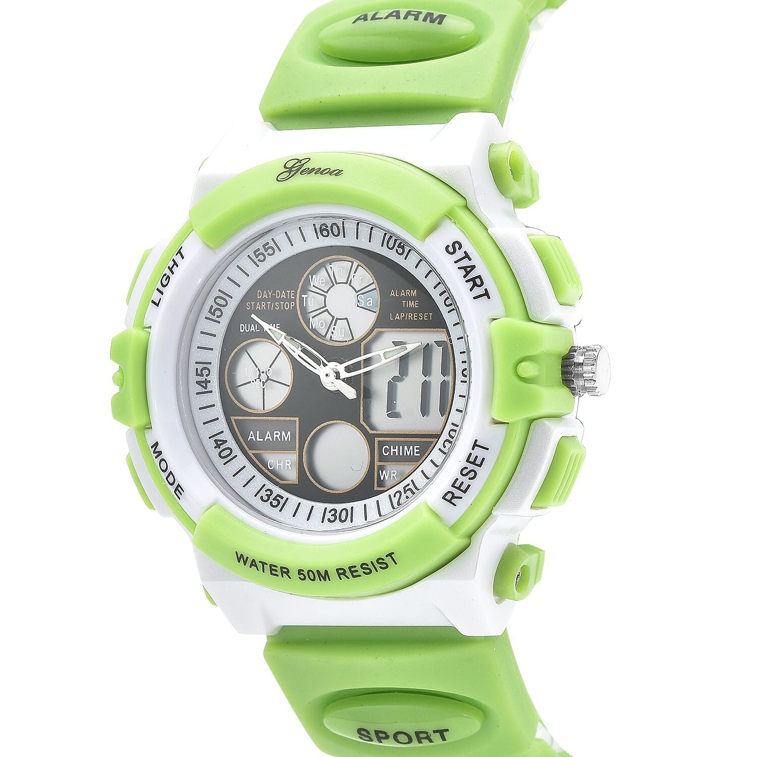 GENOA Japanese Movement and Electronic Movement Black Dial 5 ATM Water Resistant Watch with Green Colour Strap