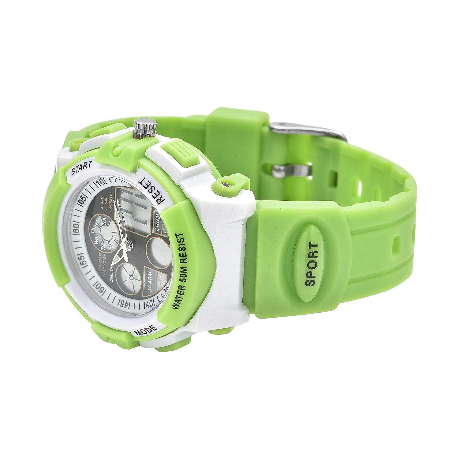 GENOA Japanese Movement and Electronic Movement Black Dial 5 ATM Water Resistant Watch with Green Colour Strap