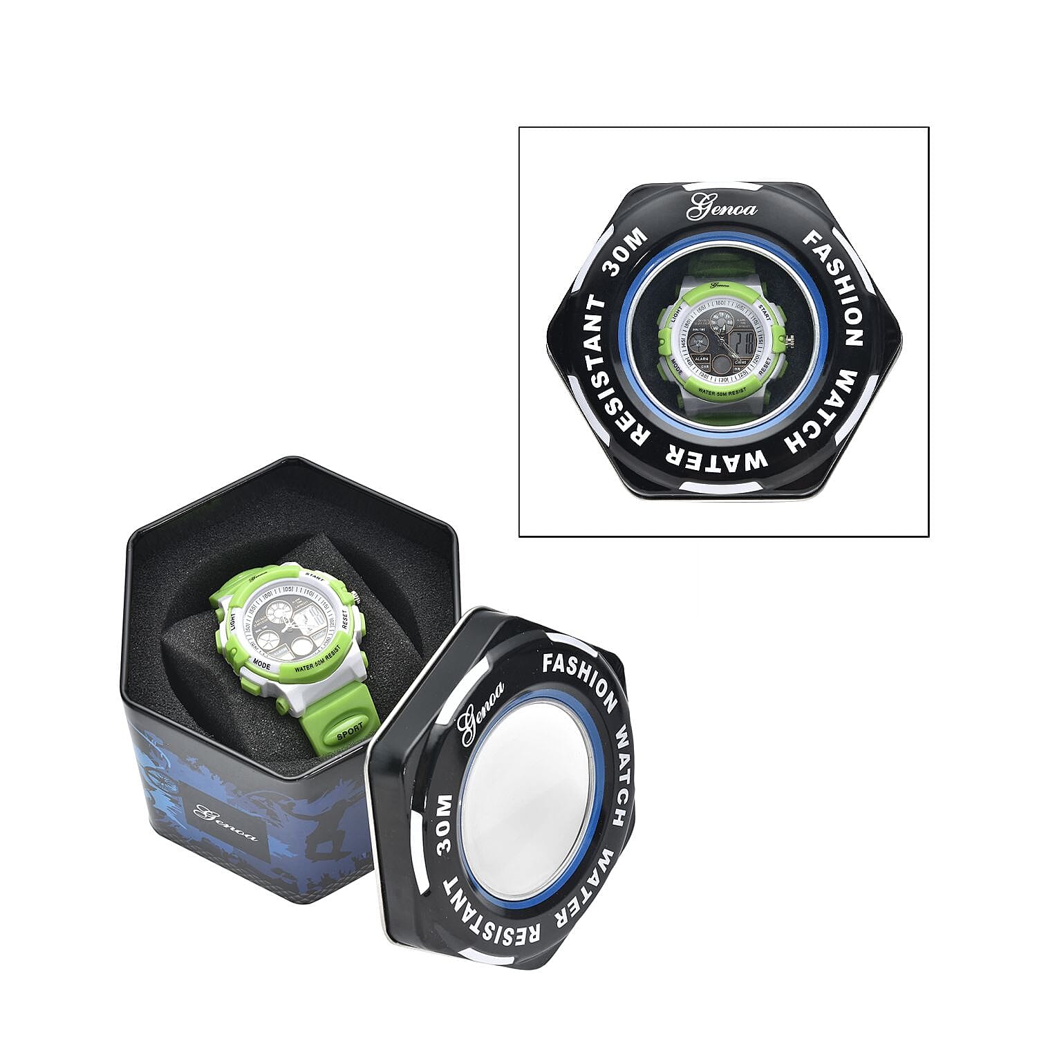 GENOA Japanese Movement and Electronic Movement Black Dial 5 ATM Water Resistant Watch with Green Colour Strap