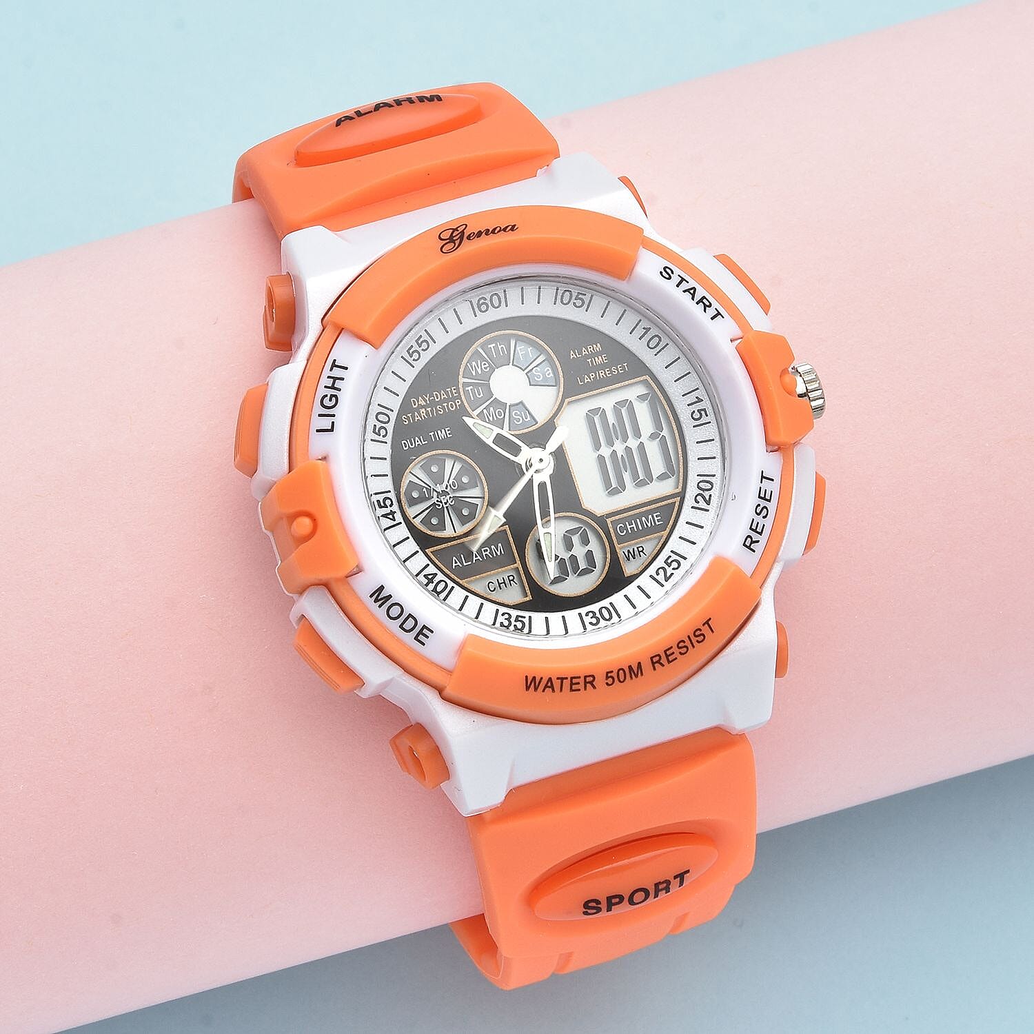 GENOA Japan Movement and Electronic Movement Black Dial 5ATM Water Resistant Watch with Orange Colour Strap