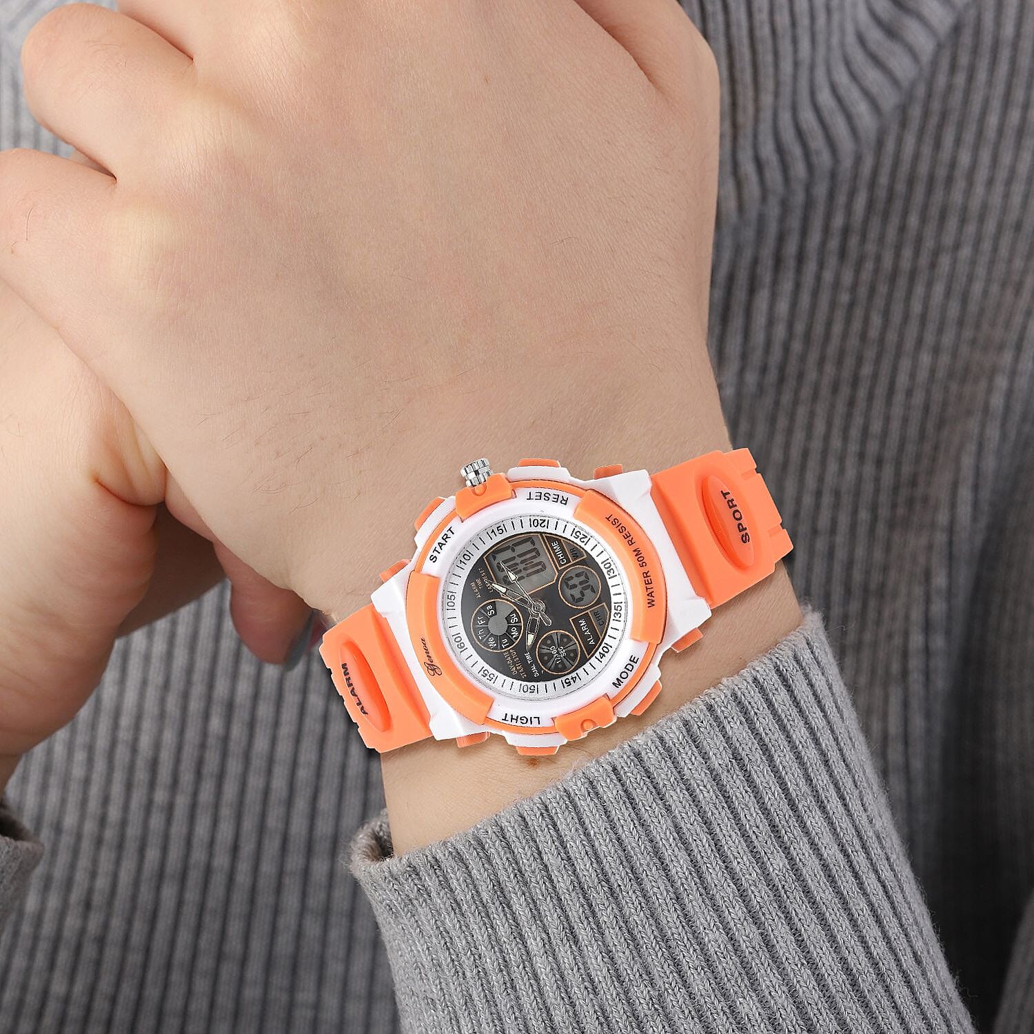 GENOA Japan Movement and Electronic Movement Black Dial 5ATM Water Resistant Watch with Orange Colour Strap