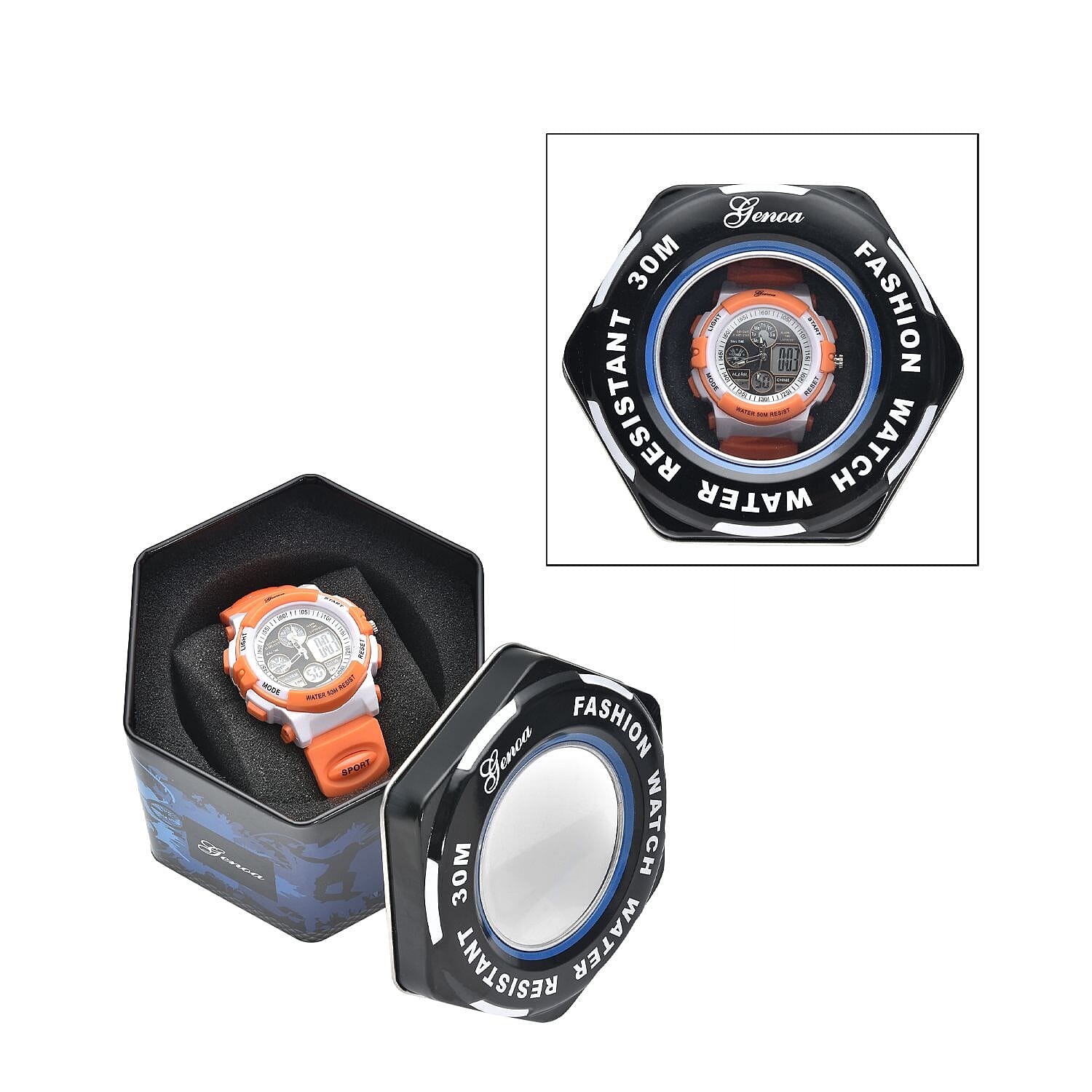 GENOA Japan Movement and Electronic Movement Black Dial 5ATM Water Resistant Watch with Orange Colour Strap