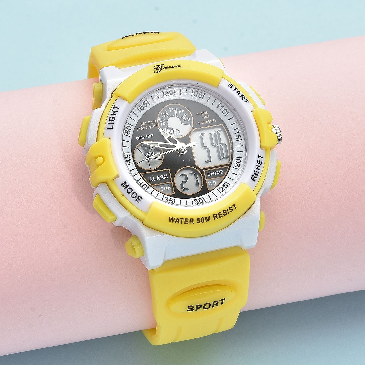 GENOA Japan Movement and Electronic Movement Black Dial 5ATM Water Resistant Watch with Yellow Colour Strap
