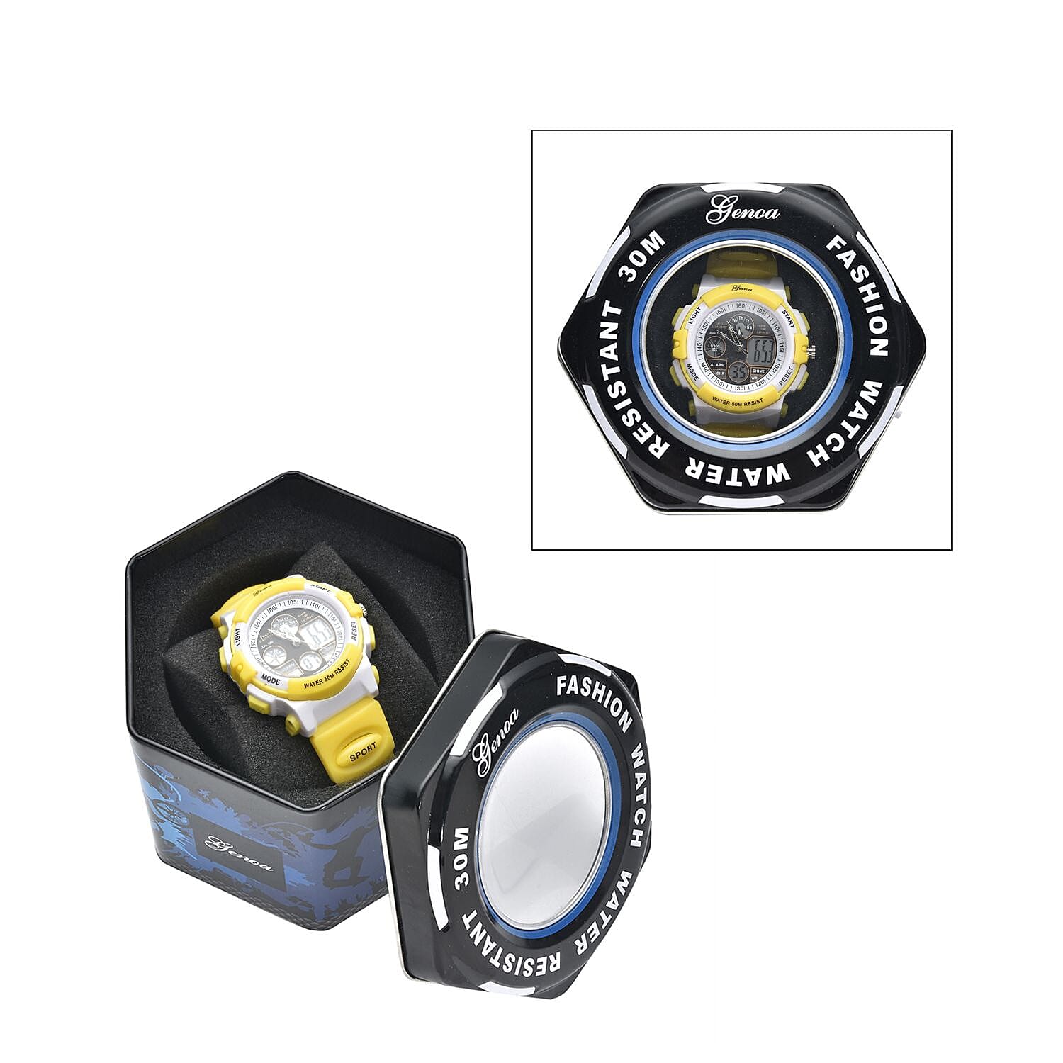 GENOA Japan Movement and Electronic Movement Black Dial 5ATM Water Resistant Watch with Yellow Colour Strap